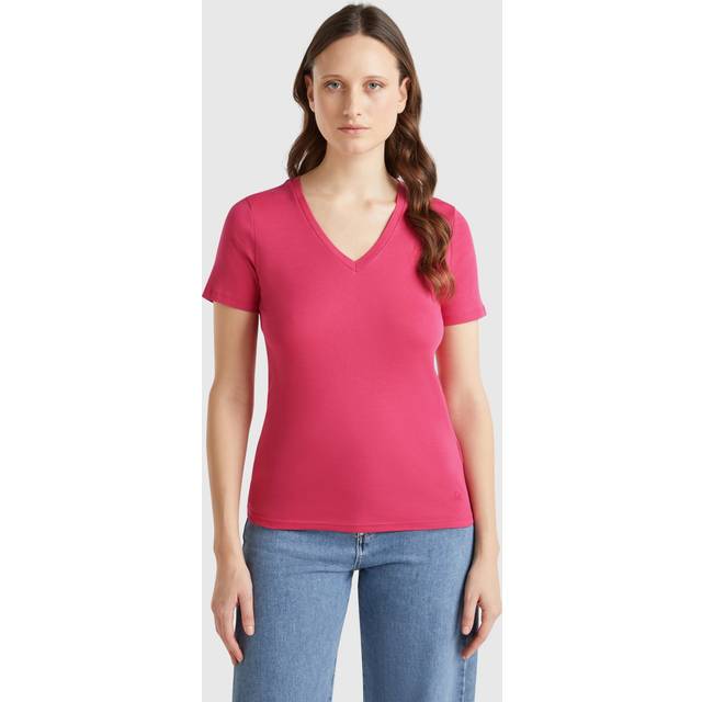 Benetton, Magenta Pure Cotton T-shirt With V-neck, size S, Strawberry, Women