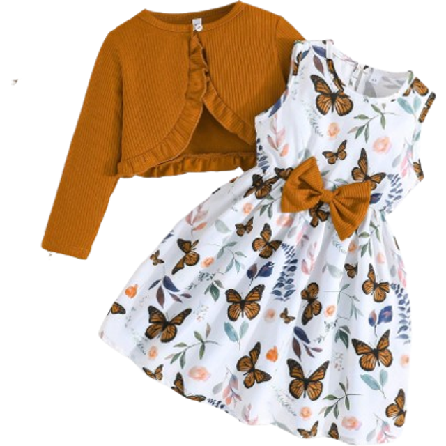 SHEIN Young Girl Spring/Autumn 2pcs Outfit Set, Ruffle Decor Jacket Paired With Sleeveless Butterfly Print Elegant Dress, Fashionable