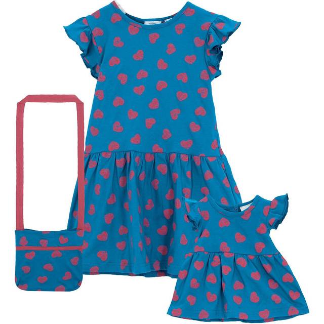 bonprix Floral Dress + Doll's Dress + Bag - Blue