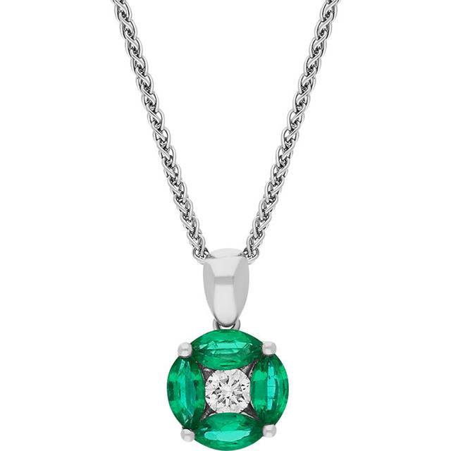 18ct White Gold Emerald Diamond Marquise Stone Round Cluster Pendant - Gold