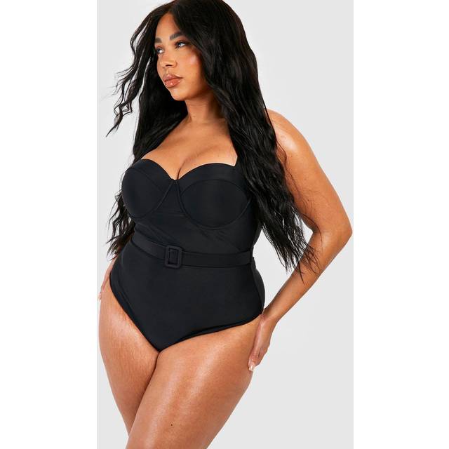 Boohoo Plus Belted Underwired Tummy Control Swimsuit In Black - black - 24