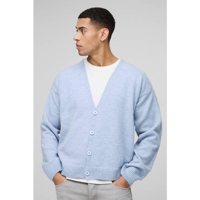 Mens Light Blue Oversized Boxy Drop Shoulder Knitted Cardigan