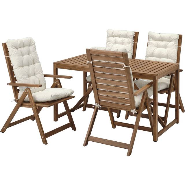 NÄMMARÖ bord+4 positionsstolar, utomhus, ljusbrunlaserad/Kuddarna ljust gråbeige, 140x75 cm