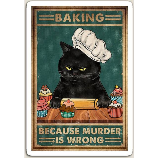 Fridge Magnets Black Cat Baking because murder is wrong cat lover gifts Acrylic Meme Decoration for Home Kitchen Office