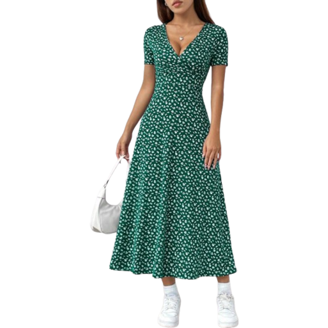SHEIN Women&#39;s Ditsy Floral V-Neck Short Sleeve Casual Swing Dress (Randomly Cut) Maxi Women Outfit