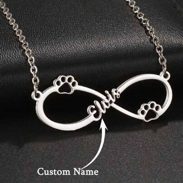 SHEIN 1 PC Personalized Name Necklace For Women Men Silvery Dog Paw Infinity Sign Pendant Necklace Fashion Customized Name Necklace Cross Chains Choker Pet