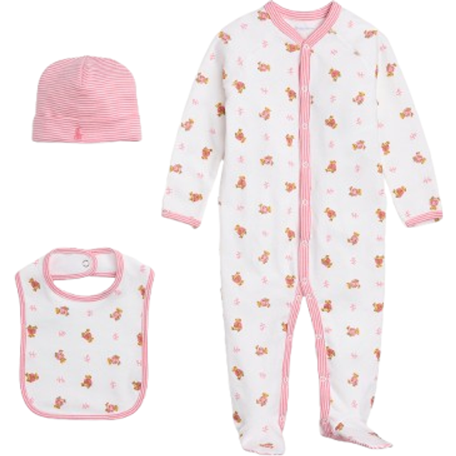 Ralph Lauren Baby Coverall, Bib & Hat Gift Set, 3 Piece, White/Pink