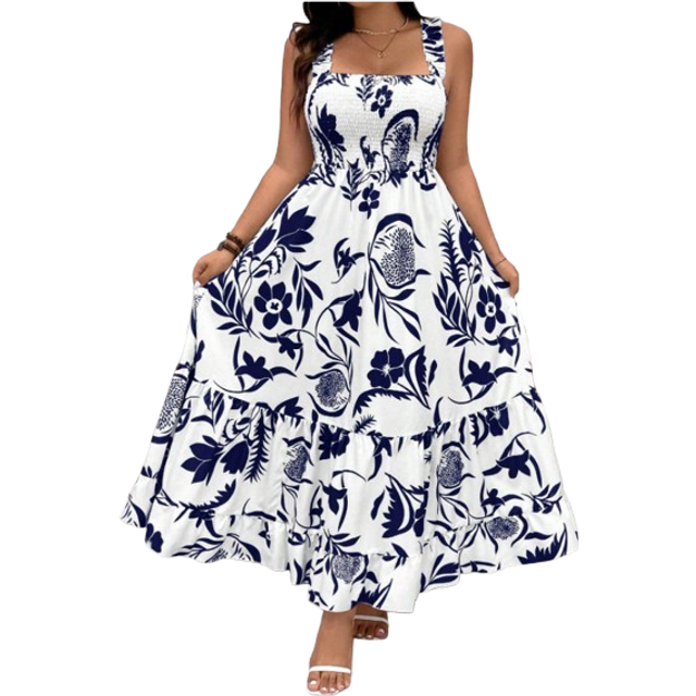 SHEIN Plus Size Floral Tank Dress With Ruffled Hemline And Shirred Bust Women Outfit, For Summer