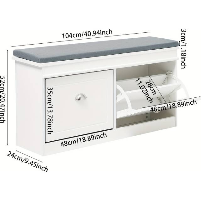 TEMU Large Sturdy Particle Board Shoe Rack Bench With Linen Seat - 2 2 Drawers Storage Shoe Cabinet For Entryway, Hallway, Living Room, Bedroom, Balcony Dustproof White Grey 104x24x52cm