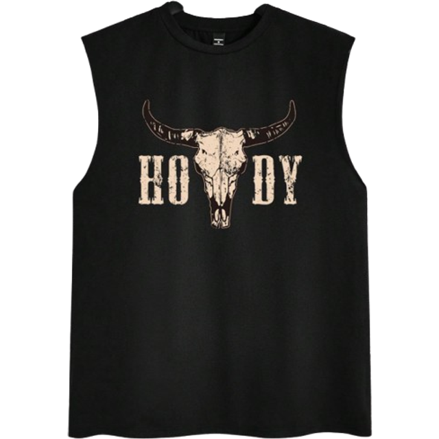 Manfinity Men&#39;s Summer Sports Casual Bull Skull Printed Tank Top, Sleeveless Graphic Black Workout Tank Top