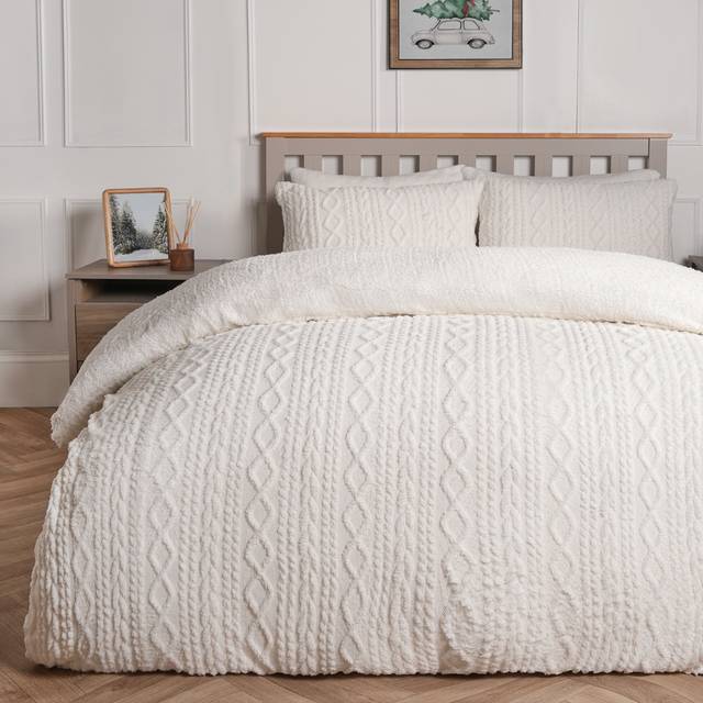 Fleece Duvet Cover Set Cable Knit Warm Reversible Quilt Supersoft Warm Bedding - Cream - King