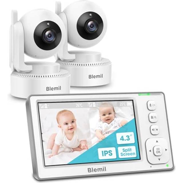 Blemil Upgrade Baby Monitor with 29-Hour Battery, 4.3'' IPS Split-screen Video Baby Monitor with two Cameras and Audio, Remote Pan/Tilt/Zoom, Two-Way