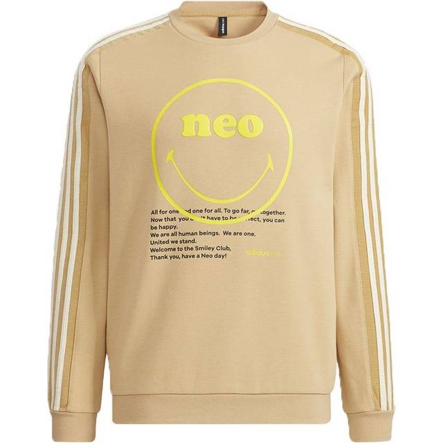 Men's adidas neo x SMILEY Crossover Smly Swt Smiling Face Printing Stripe Sports Round Neck Pullover Khaki - DefaultColor