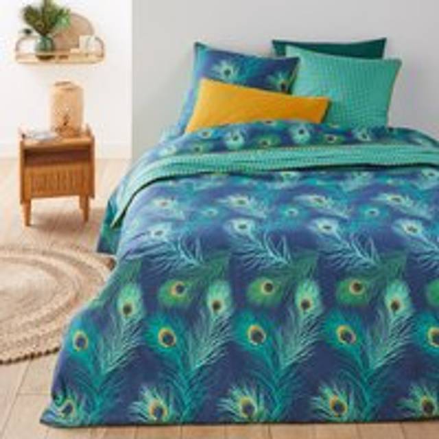 Shakhra Peacock 100% Cotton Percale 180 Thread Count Duvet Cover - Blue/Green/Yellow - DOUBLE (200X200cm)