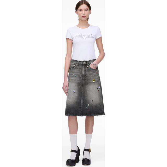 Charm Embellished Denim A-Line Skirt - BLEACHED BLACK - 27