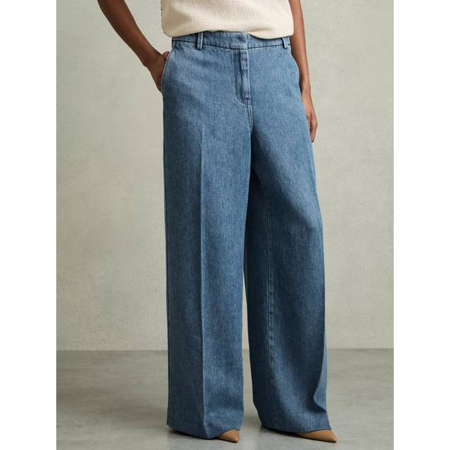 Reiss Petite Reed Denim Look Wide Leg Trousers, Mid Blue