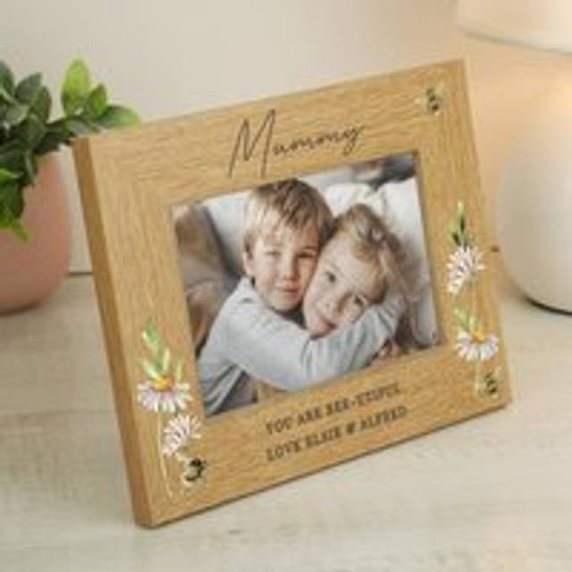 Personalised Floral Bee Oak Finish Photo Frame - Natural