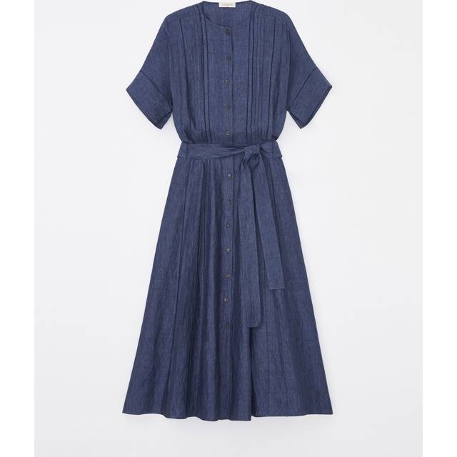 Lace-Inset Pintuck Linen Midi Shirtdress - DELFT MELANGE - Large