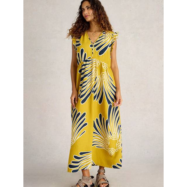 White Stuff Lorna Linen Blend Abstract Maxi Dress, Mid Yellow