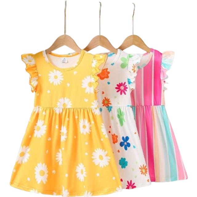 SHEIN Young Girl 3pcs Sweet Floral Print Cap Sleeve Dress Set, Summer, With Waistband And Round Neck Striped Dress, For Kids&#39; Cute Casual Holiday Outfits