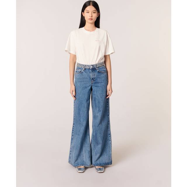 Jean Flare À Ceinture Studée - Bleu Jean - Maje -  Matière principale: 100% cotonDoublure poches: 68% polyester, 32% cotonJacron: cuir de veau - Prêt-à-porter > Bas > Jeans
