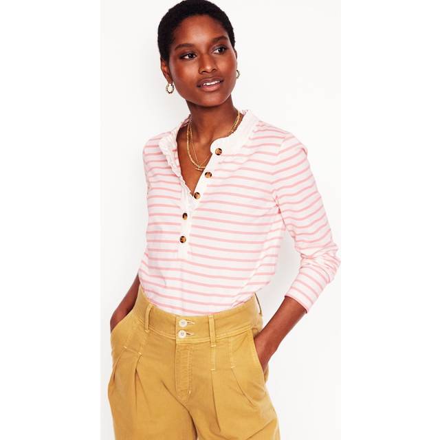 Boden Breton Stripe Frill Neck Top, Ivory/Pink