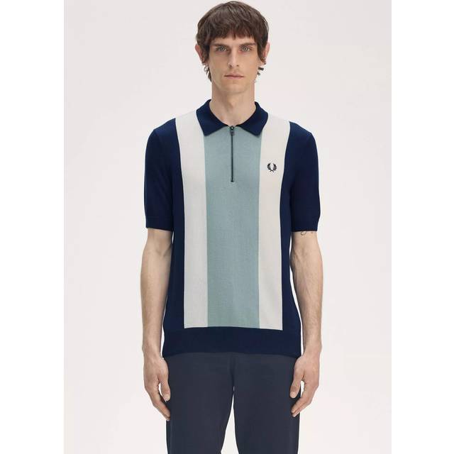 Fred Perry Vertical Stripe Zip Neck Polo Blue