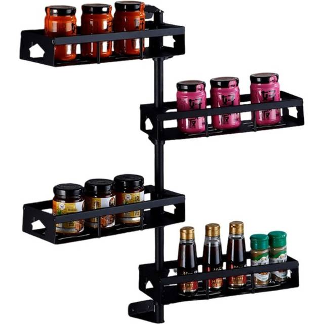 Spice Rack Organizer Space-Saving Wall-Mount 4-Tier Wire Shelves 180° Rotating - Black (65cm H X 33cm W X 11.5cm D)