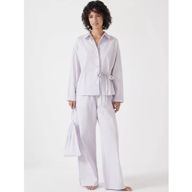 HUSH Stripe Cotton Poplin Drawcord Waist Pyjama Set, Lilac/Green