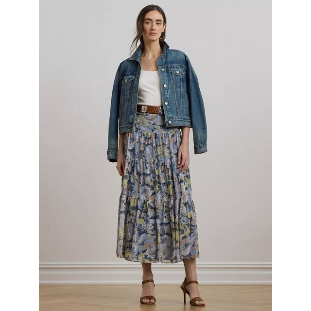 Lauren Ralph Lauren Pauldina Floral Crinkle Georgette Tiered Skirt, Blue Multi