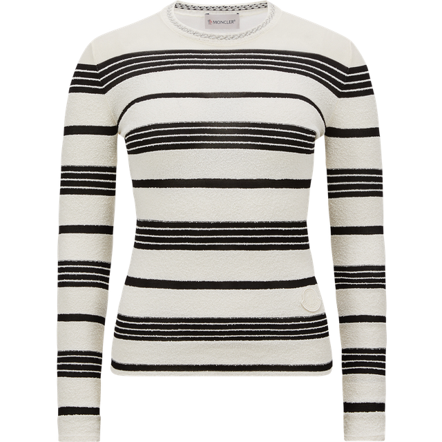 Moncler, Round-neck Knitwear, female, White, M, Striped Cotton Blend Jumper