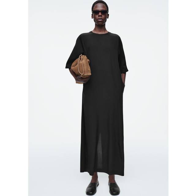 Panelled Silk Midi T-Shirt Dress - Black
