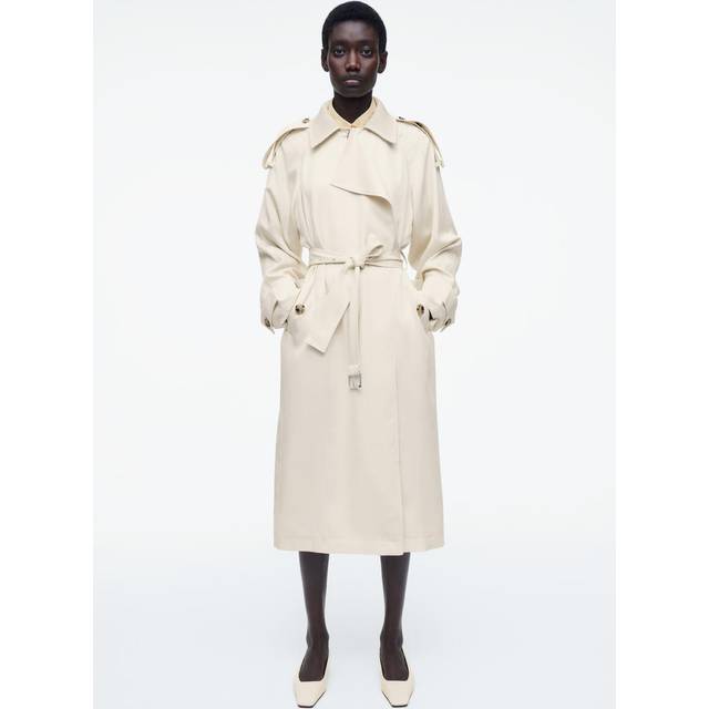 Knitted-Collar Trench Coat - Light Beige - 44