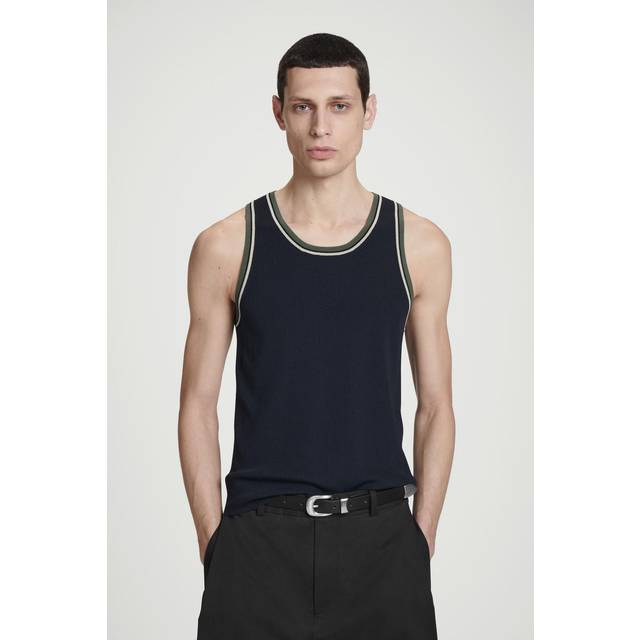 Contrast-Trim Ribbed Tank Top - Navy - S