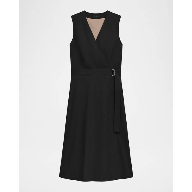 A-Line Crunch Linen Wrap Dress - Black - 10