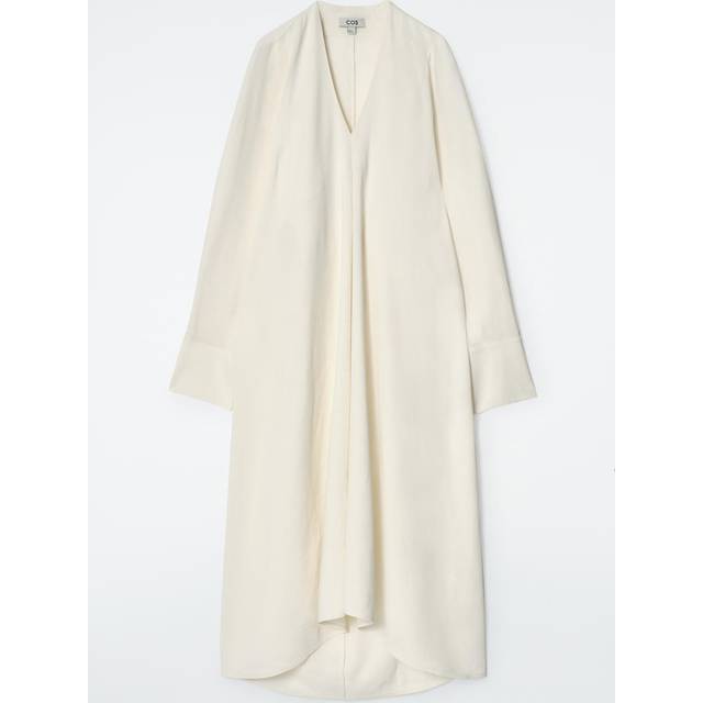 V-Neck Linen Shirt Dress in Beige - 38