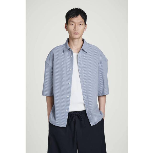 Boxy Cotton Short-Sleeved Shirt - Blue/White - L