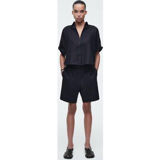 Tailored Elasticated Linen Shorts in Navy - 38