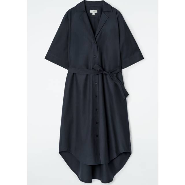 Belted Short-Sleeved Midi Shirt Dress - Navy - 44