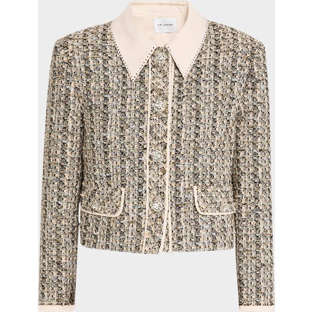 Stud-Collar Metallic Tweed Collage Jacket - Blush - 12