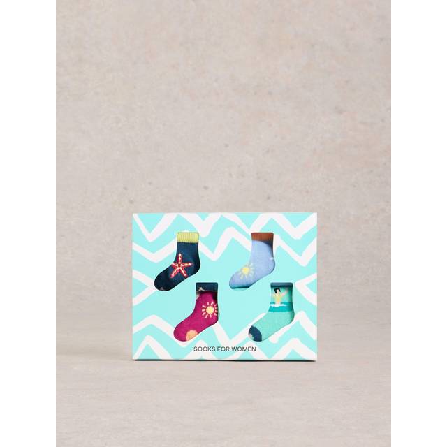 White Stuff Summer Designs Ankle Socks, Pack of 4, Teal/Multi
