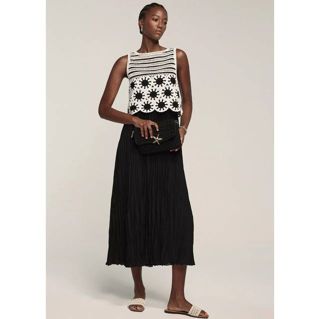 Mint Velvet Crochet Pleated Midi Dress, Black Black
