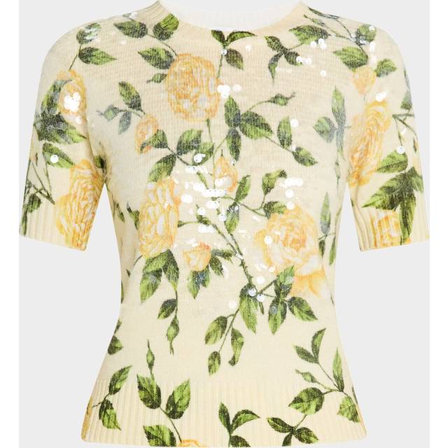 English Rose-Print Sequined Short-Sleeve Sweater - SOFT YELLOW - X-Small