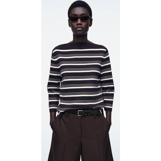 Boat-Neck Striped Cotton Jumper - Navy - M