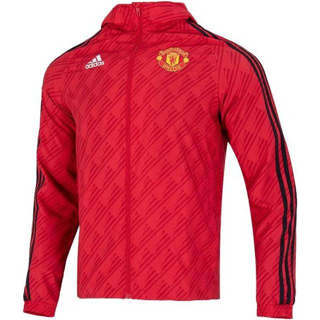 Men's adidas Solid Color Stand Collar Zipper Manchester United Soccer/Football Logo Sports Hooded Jacket Red HE6649 - Default Colorway - XL