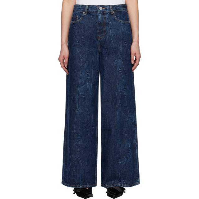 GANNI Navy Crinkled Future Denim Marri Jeans - 566 Mid Blue Stone - WAIST US 31