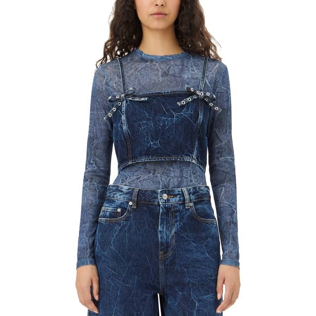 GANNI Blue Crinkled Future Denim Strap Top - 566 Mid Blue Stone - DK 36