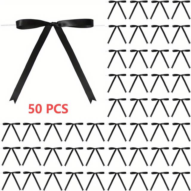 TEMU 50pcs Black Satin Ribbon Bows With Twist Ties - Gift Wrapping, Cake Bags & Diy Crafts - Ideal For Weddings, Showers & Birthday Parties