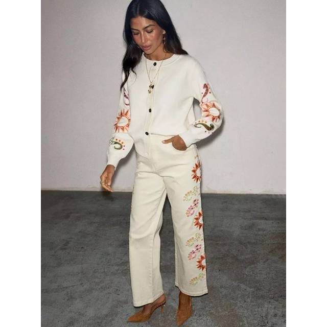 Never Fully Dressed Floral Embroidered Scallop Pocket Jeans, Cream/Multi