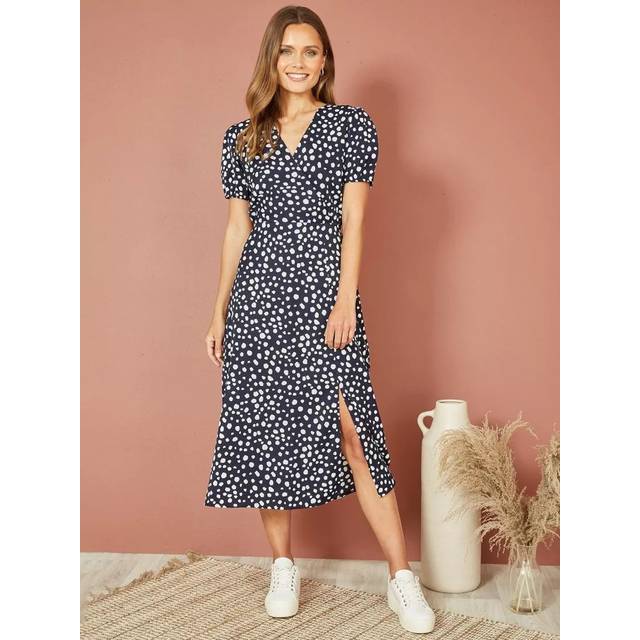 Yumi Navy Spot Midi Tea Dress - Size 8 UK - Yumi